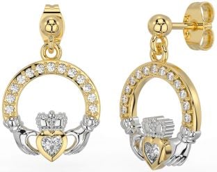 Diamond White Yellow Gold Claddagh Dangle Earrings
