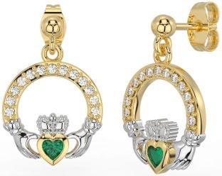 Diamond Emerald White Yellow Gold Claddagh Dangle Earrings