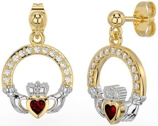 Diamond Garnet White Yellow Gold Claddagh Dangle Earrings