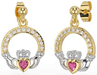 Diamond Pink Tourmaline White Yellow Gold Claddagh Dangle Earrings
