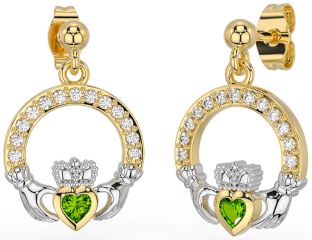 Diamond Peridot White Yellow Gold Claddagh Dangle Earrings