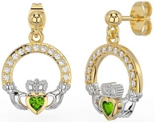 Diamond Peridot White Yellow Gold Claddagh Dangle Earrings
