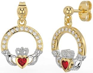 Diamond Ruby White Yellow Gold Claddagh Dangle Earrings