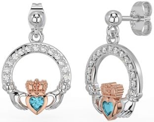 Diamond Aquamarine Rose Gold Silver Claddagh Dangle Earrings