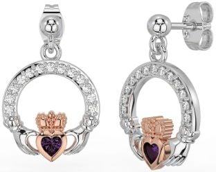 Diamond Alexandrite Rose Gold Silver Claddagh Dangle Earrings
