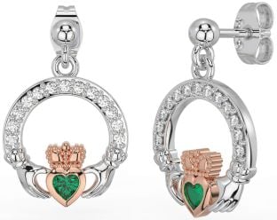 Diamond Emerald Rose Gold Silver Claddagh Dangle Earrings