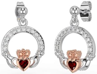 Diamond Garnet Rose Gold Silver Claddagh Dangle Earrings