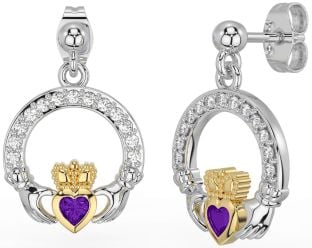 Diamond Amethyst Gold Silver Claddagh Dangle Earrings