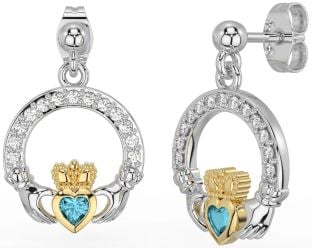 Diamond Aquamarine Gold Silver Claddagh Dangle Earrings