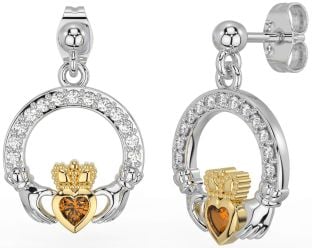 Diamond Citrine Gold Silver Claddagh Dangle Earrings