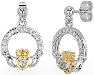 Diamond Gold Silver Claddagh Dangle Earrings