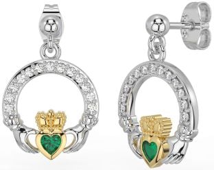Diamond Emerald Gold Silver Claddagh Dangle Earrings