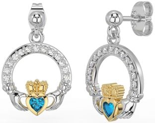 Diamond Topaz Gold Silver Claddagh Dangle Earrings