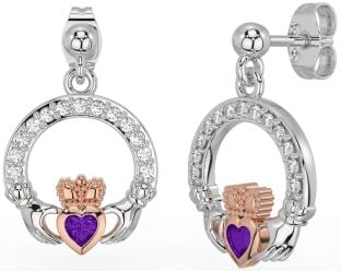 Diamond Amethyst Rose Gold Silver Claddagh Dangle Earrings