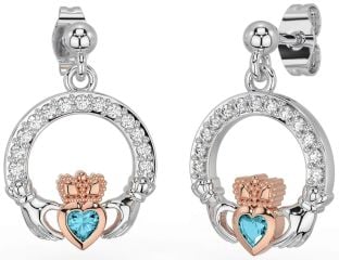 Diamond Aquamarine Rose Gold Silver Claddagh Dangle Earrings