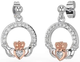 Diamond Rose Gold Silver Claddagh Dangle Earrings