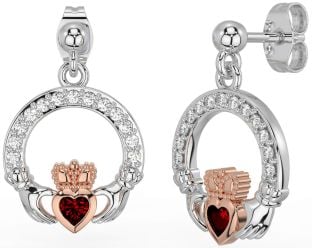 Diamond Garnet Rose Gold Silver Claddagh Dangle Earrings