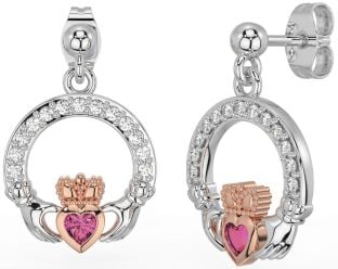 Diamond Pink Tourmaline Rose Gold Silver Claddagh Dangle Earrings