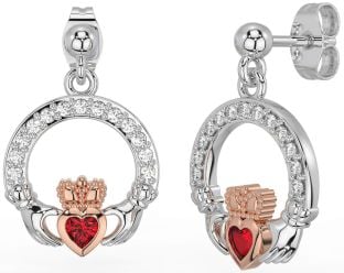 Diamond Ruby Rose Gold Silver Claddagh Dangle Earrings