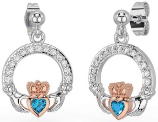 Diamond Topaz Rose Gold Silver Claddagh Dangle Earrings