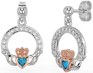 Diamond Topaz Rose Gold Silver Claddagh Dangle Earrings