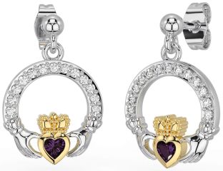 Diamond Alexandrite Gold Silver Claddagh Dangle Earrings