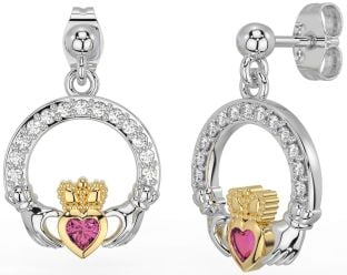 Diamond Pink Tourmaline Gold Silver Claddagh Dangle Earrings