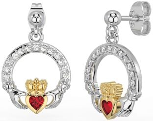 Diamond Ruby Gold Silver Claddagh Dangle Earrings