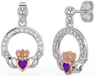 Diamond Amethyst White Rose Gold Claddagh Dangle Earrings
