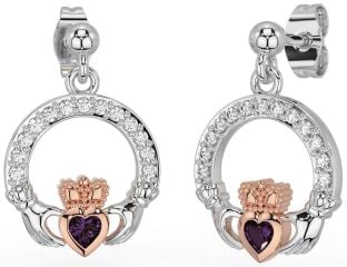 Diamond Alexandrite White Rose Gold Claddagh Dangle Earrings