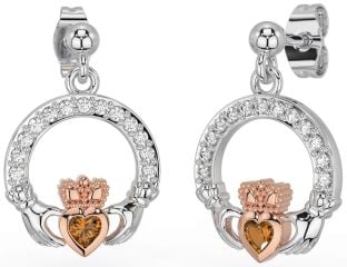Diamond Citrine White Rose Gold Claddagh Dangle Earrings