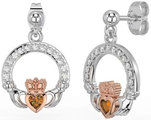 Diamond Citrine White Rose Gold Claddagh Dangle Earrings