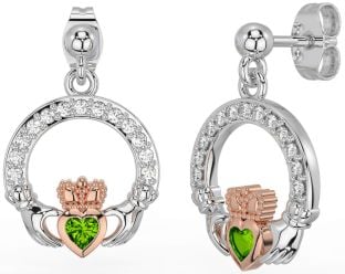 Diamond Peridot White Rose Gold Claddagh Dangle Earrings