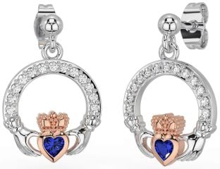 Diamond Sapphire White Rose Gold Claddagh Dangle Earrings