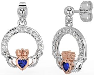 Diamond Sapphire White Rose Gold Claddagh Dangle Earrings