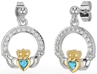 Diamond Aquamarine White Yellow Gold Claddagh Dangle Earrings