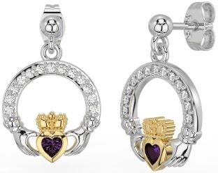 Diamond Alexandrite White Yellow Gold Claddagh Dangle Earrings