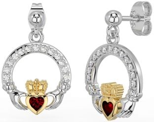 Diamond Garnet White Yellow Gold Claddagh Dangle Earrings