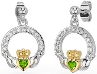 Diamond Peridot White Yellow Gold Claddagh Dangle Earrings
