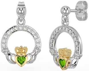 Diamond Peridot White Yellow Gold Claddagh Dangle Earrings