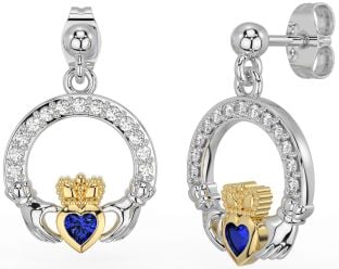 Diamond Sapphire White Yellow Gold Claddagh Dangle Earrings
