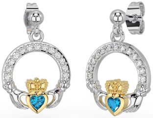 Diamond Topaz White Yellow Gold Claddagh Dangle Earrings