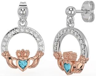 Diamond Aquamarine Rose Gold Silver Claddagh Dangle Earrings