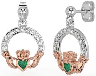 Diamond Emerald Rose Gold Silver Claddagh Dangle Earrings
