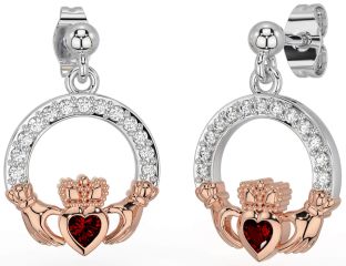 Diamond Garnet Rose Gold Silver Claddagh Dangle Earrings