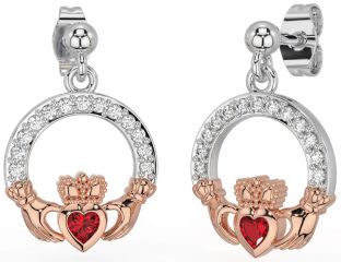 Diamond Ruby Rose Gold Silver Claddagh Dangle Earrings
