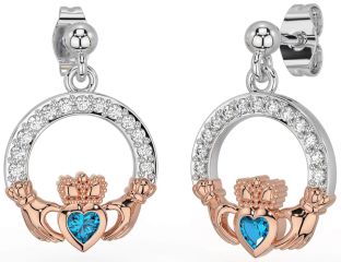 Diamond Topaz Rose Gold Silver Claddagh Dangle Earrings
