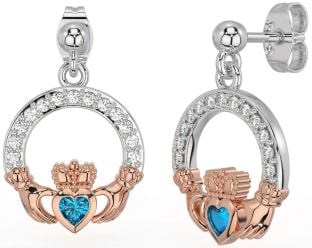 Diamond Topaz Rose Gold Silver Claddagh Dangle Earrings