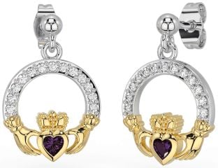 Diamond Alexandrite Gold Silver Claddagh Dangle Earrings
