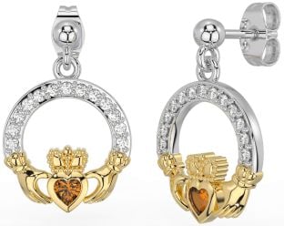 Diamond Citrine Gold Silver Claddagh Dangle Earrings